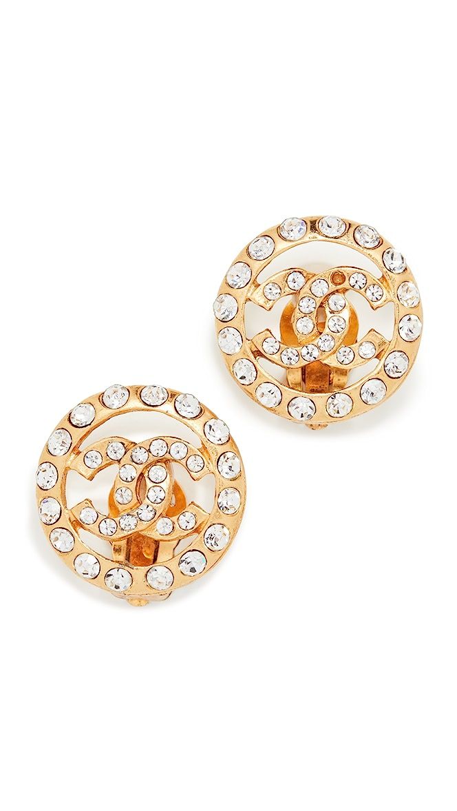 Chanel Gold Crystal CC Round Earrings | Shopbop