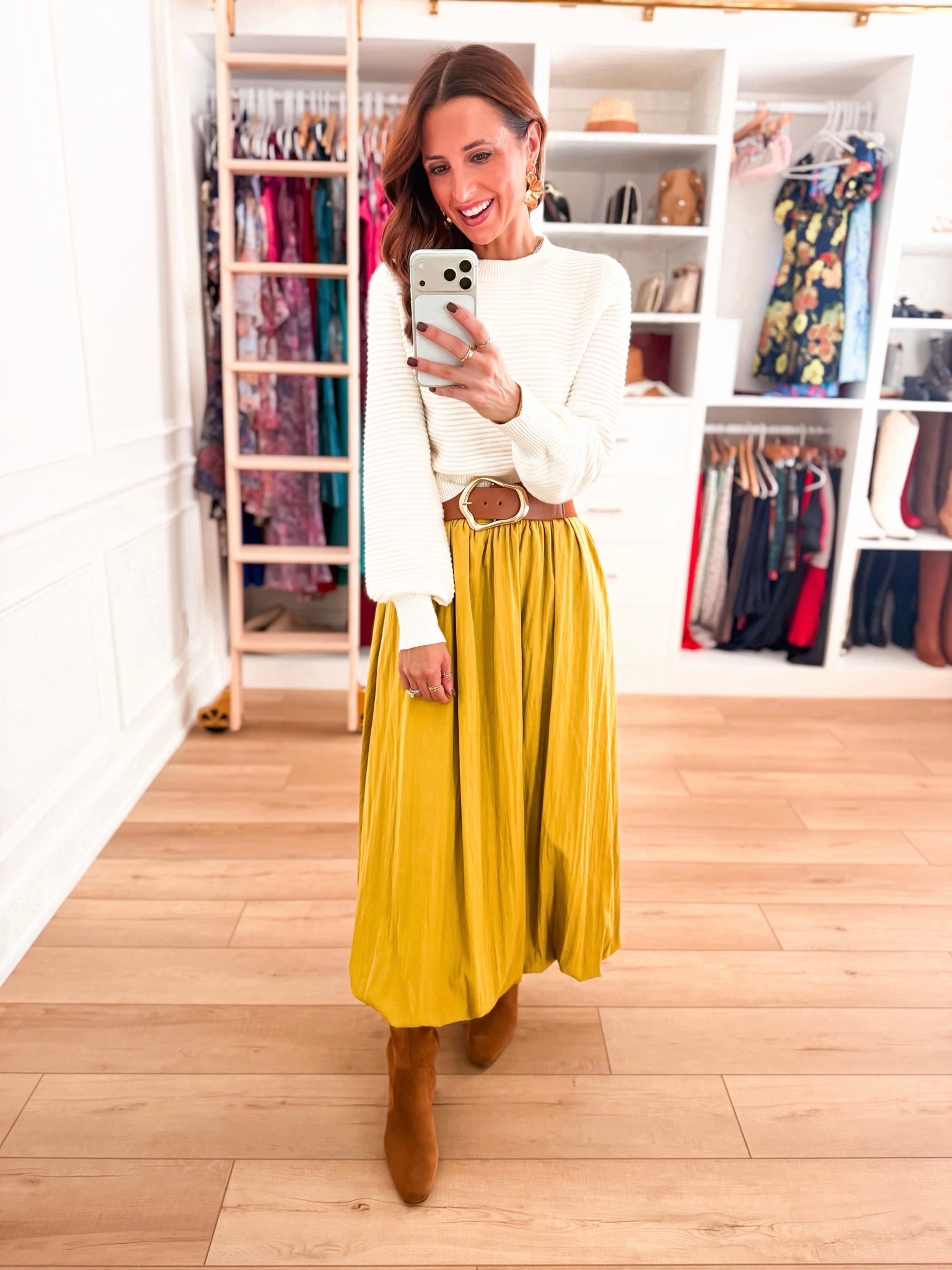 Amazon Thanksgiving litfkt. Fall outfit. Pumpkin patch outfit. Friendsgiving outfit. Bubble hem skirt in XS and cropped cream sweater in XS (doesn’t show any skin). I went up half a size in waterproof knee high boots - my third fall with these!