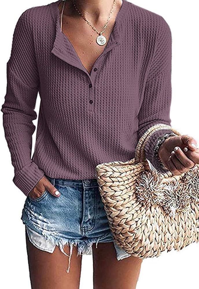 WNEEDU Women's Waffle Knit Tunic Tops Loose Long Sleeve Button Up V Neck Henley Shirts | Amazon (US)