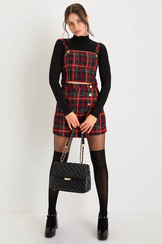 Adorably Posh Navy Blue and Red Plaid Tweed Top | Lulus (US)