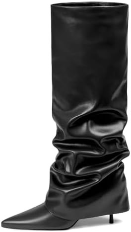 Womens Knee High Boots, Fold Over Shark Boots Stiletto Heels Slouchy Long Boot Pointed Toe Thigh ... | Amazon (US)