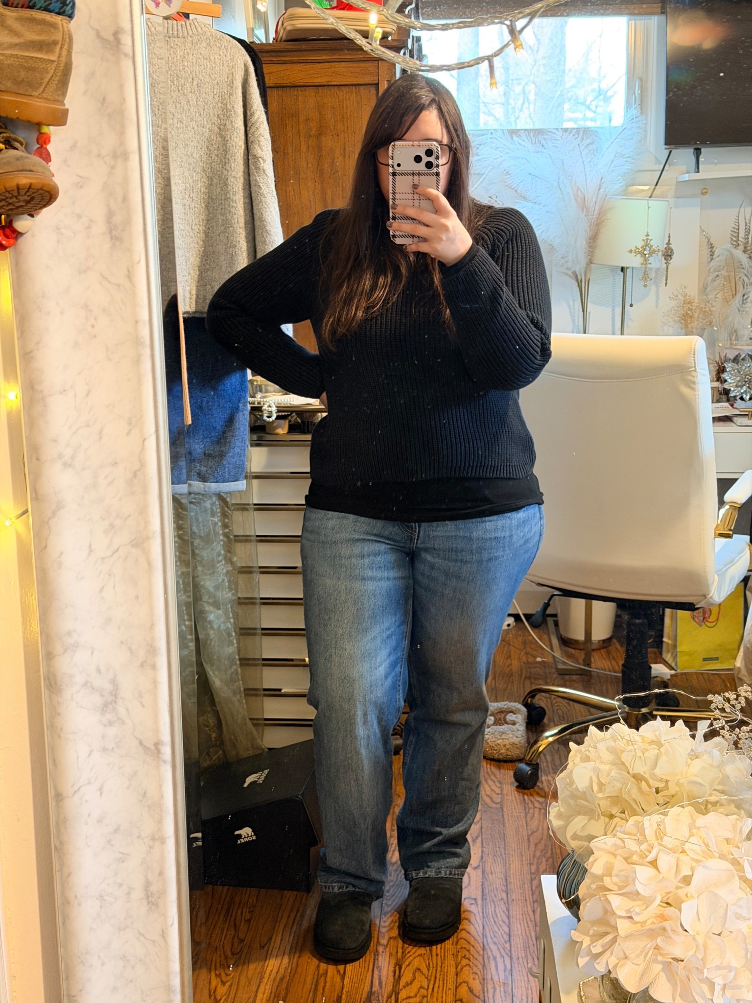 I really need to clean this mirror 

This is the quince sweater + it’s so good. It’s heavy but not annoying. I layered with a layering shirt I have in a million colors. 

Denim is target. They are a rigid yet soft / stretchy denim. Shoes are Uggs 

#LTKMidsize #LTKFindsUnder50 #LTKootd