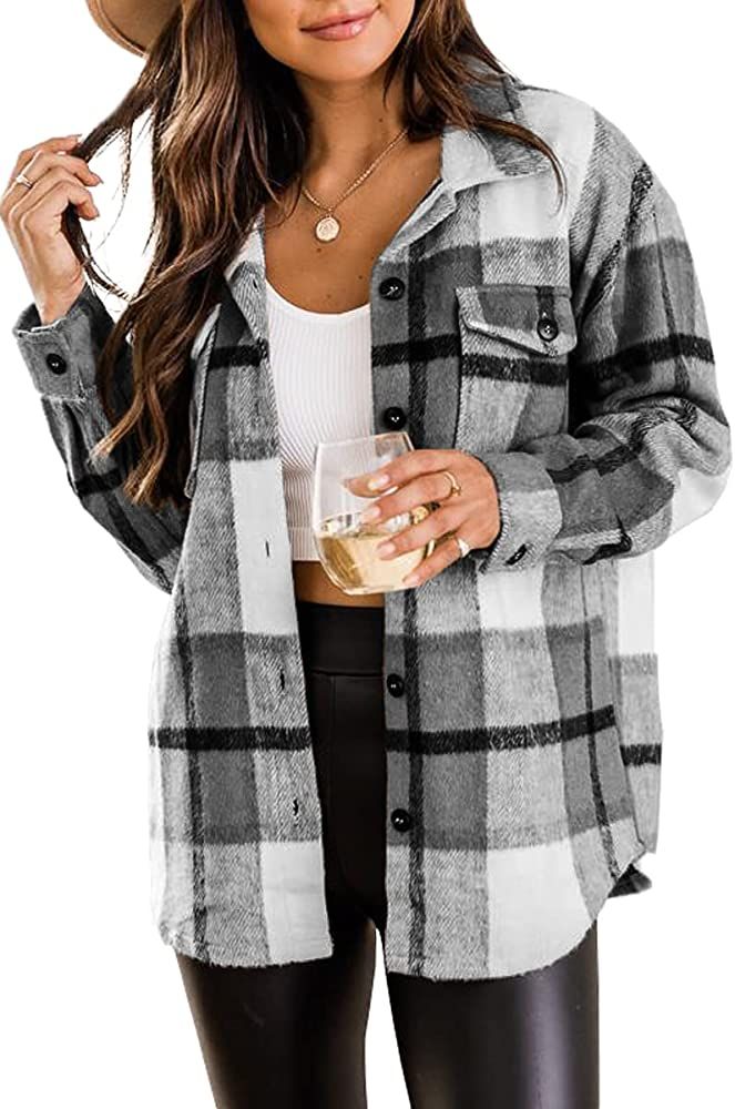Trendy Queen Womens Flannel Shacket Jacket Casual Plaid Wool Blend Button Down Long Sleeve Shirt Fal | Amazon (US)