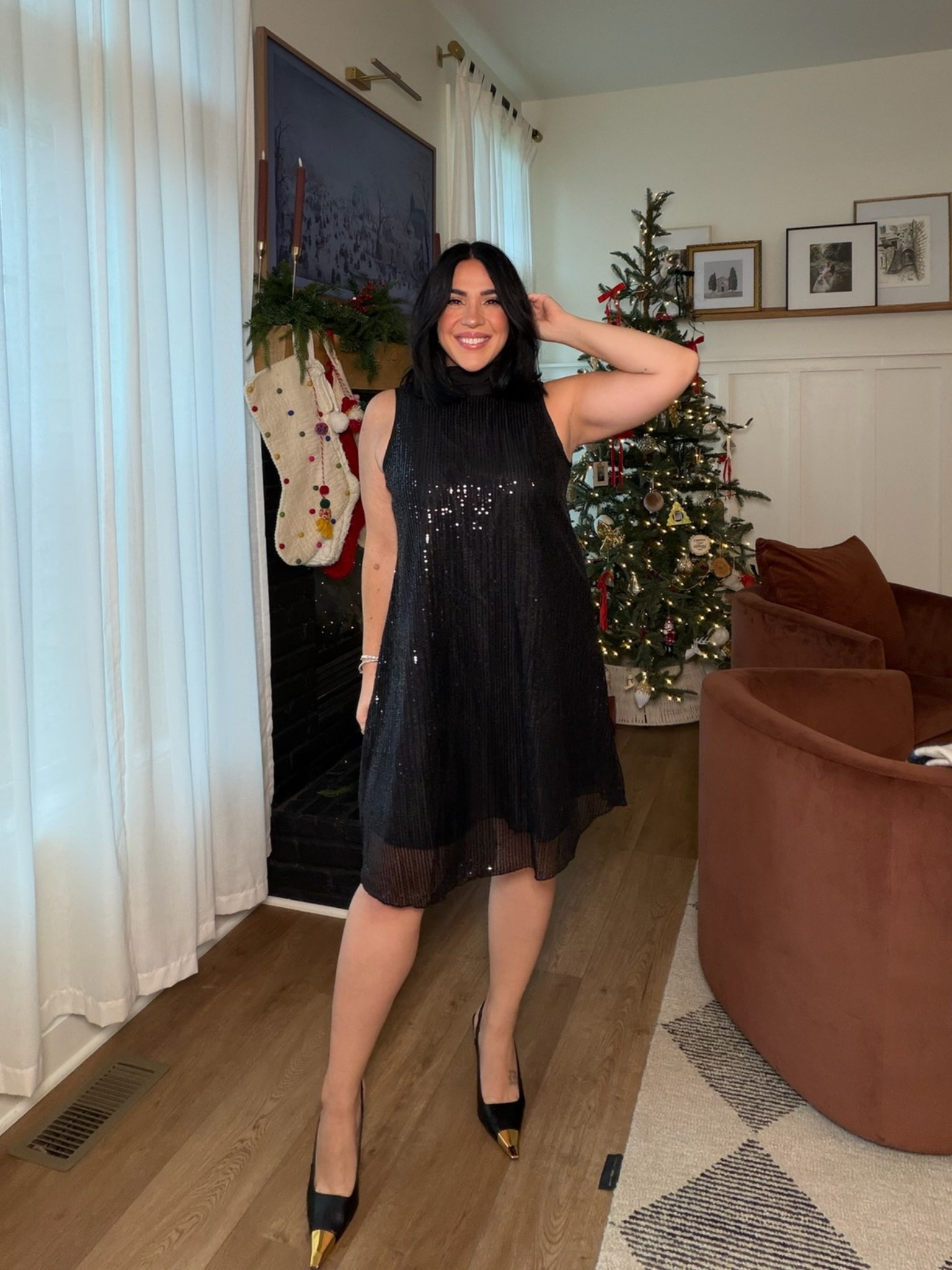 The cutest sparkling mini dress! A-line so super flattering on Apple shapes, love this one for a holiday party or New Year's Eve!  TTS I did a L! Not itchy at all 

#LTKSeasonal #LTKHoliday #LTKMidsize