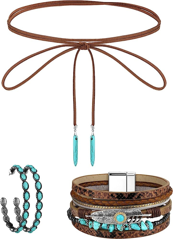 3 Pieces Western Jewelry for Women Bohemian Turquoise Set, Bohemian Turquoise Pendant Long Choker... | Amazon (US)