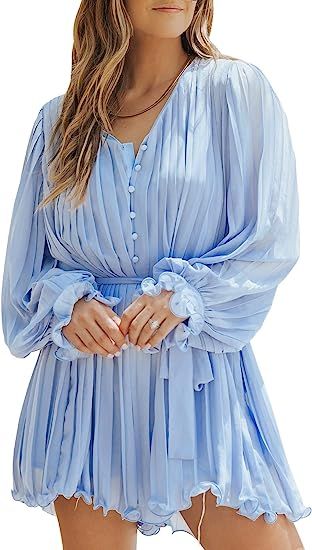 Paitluc Long Sleeve Romper V Neck Pleated Button Belted Short Jumpsuits for Women Elegant Dressy | Amazon (US)