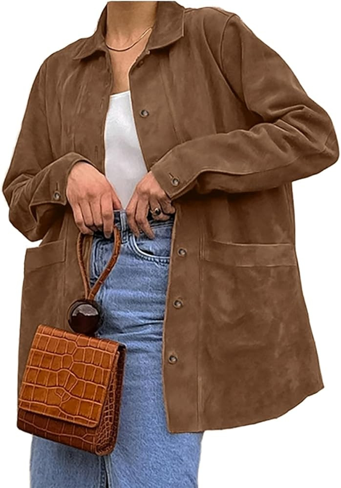 Women's Suede Loose Jackets Lapel Collar Suede Outwear Suede Button up Shacket Coats with Pockets | Amazon (CA)