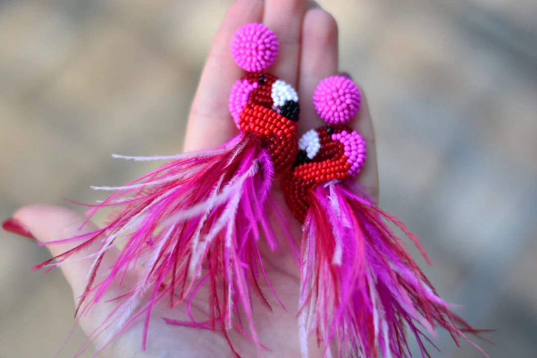 Flamingo Earrings Hot Pink Red Beaded Bird Jewelry Statement Drop Dangle Feather Beadwork - Etsy | Etsy (US)