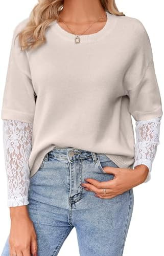 Women's Long Sleeve Sweater Crewneck Lace Patchwork Pullover Casual Lightweight Ribbed Knit Tops | Amazon (US)