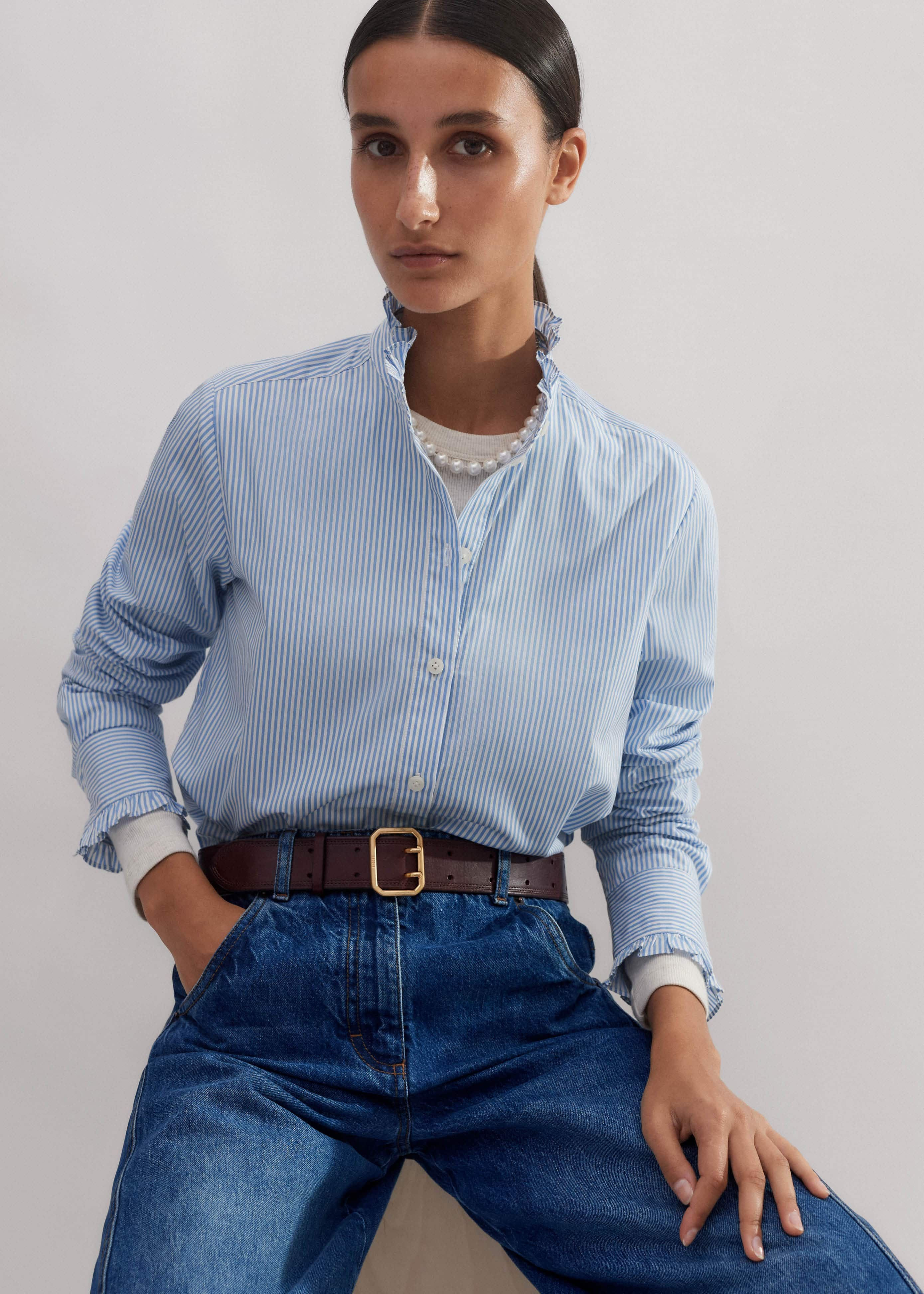 Women's Blue Impossibly Soft Feminine Stripe Shirt | ME+EM | ME+EM Global (Excluding US)