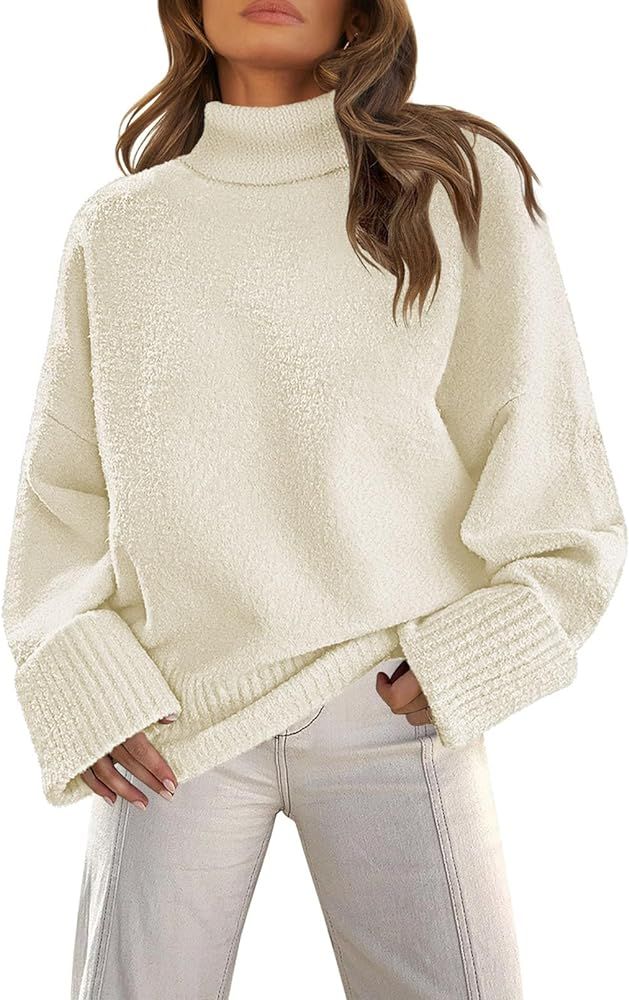 MEROKEETY Women's Turtleneck Fuzzy Knit Pullover Sweaters Long Sleeve Oversized Casual Jumper Tops | Amazon (US)