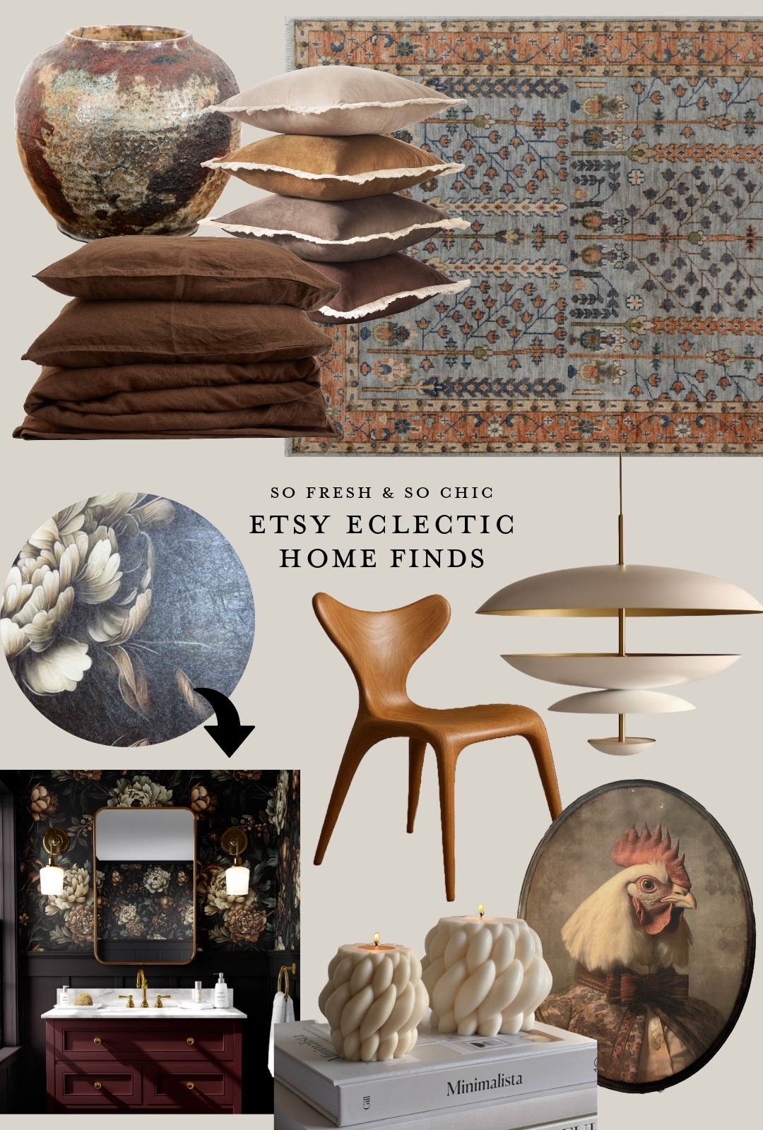 Etsy home finds! Eclectic decor from Etsy is one of my fave things to source.
-
Etsy finds - neutral home decor - Persian rug - tree of life rug - vintage portrait art - mid century dining chair - moody wallpaper - dark academia - mid century ceiling light - dark brown linen bedding - brown throw pillows - distressed vase - textured candles - Etsy neutral home decor - set of four neutral fringe pillows - Turkish rug - oushak rug - affordable home decor - living room decor - bedroom decor - linen bedding 

#LTKFindsUnder50 #LTKHome #LTKFindsUnder100