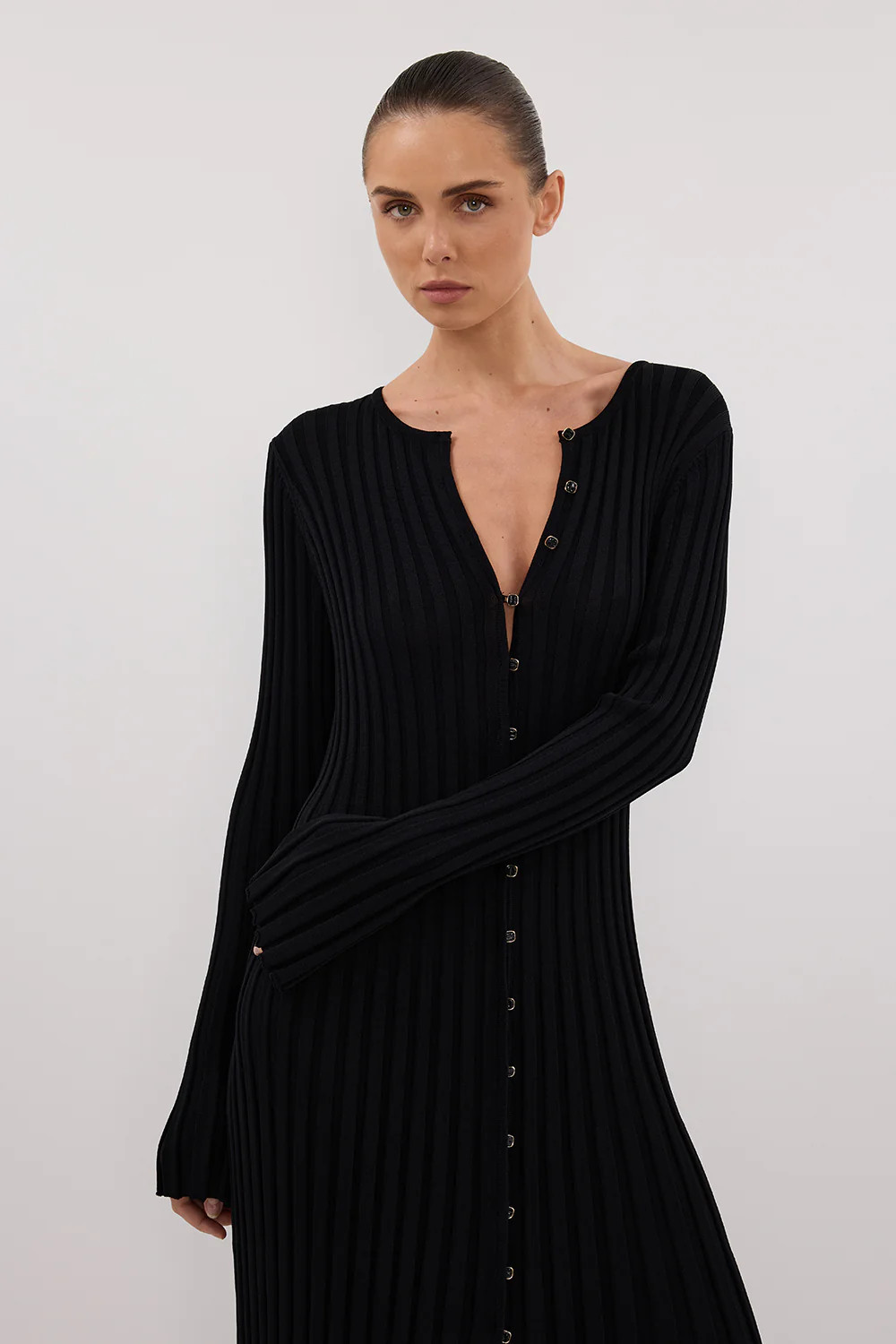 ALI BLACK LONG SLEEVE KNIT MIDI DRESS | DISSH