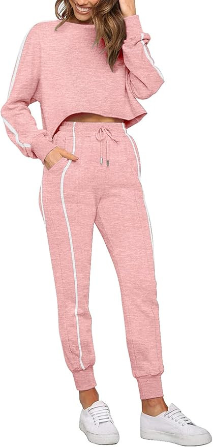 Women Sweatsuits Sets 2 Piece Loungewear Set Striped Long Sleeve Crop Top and Jogger Sweatpant Sp... | Amazon (US)