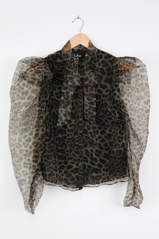 Untamed Babe Olive Green Leopard Print Organza Button-Up Top | Lulus (US)