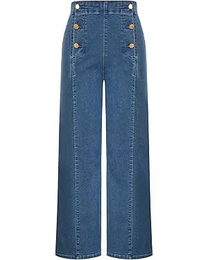 Belle Poque Women's High Waisted Wide Leg Pants Button Decorated Casual Stretchy Trousers with Po... | Amazon (US)