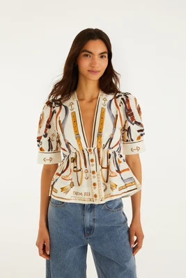 Off-White Equestrian Scarf Short Puff Sleeve Blouse | FarmRio (US)