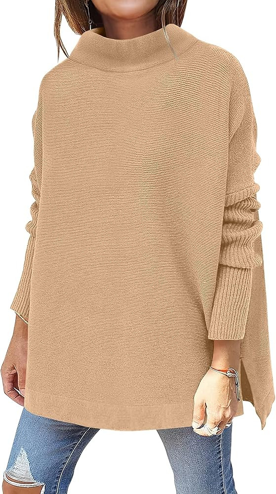 ANRABESS Women's Turtleneck Oversized Long Batwing Sleeve High Low Spilt Hem Knit Pullover Sweate... | Amazon (US)