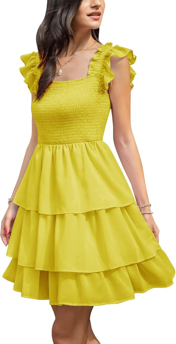 Byinns Womens Square Neck Sleeveless Ruffle Dress High Waist Backless Tiered Smocked Strappy Casu... | Amazon (US)