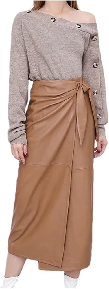 Women Leather Wrap Skirt Winter Soft Long Lambskin Lace Split Hem A-Line Leather Skirts | Amazon (US)