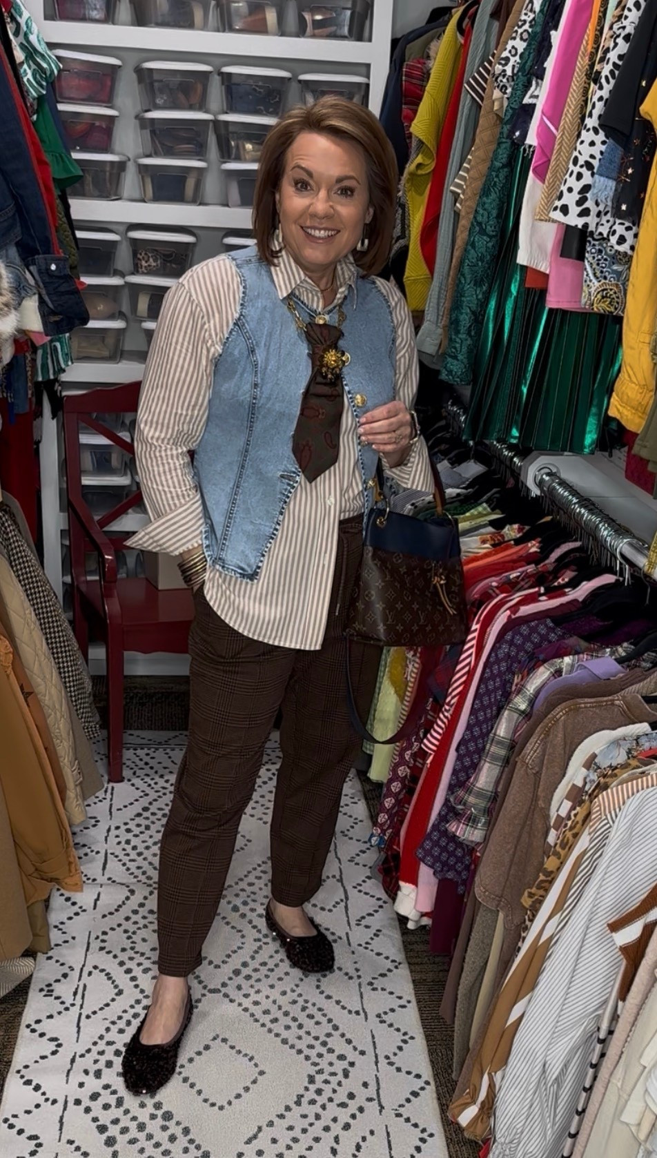 Pattern mixing is one of my favorite ways to add personality to an outfit without making it complicated. Today’s look combines classic stripes with subtle plaid, and the secret to making it work is sticking to a similar color palette. 🤎

I layered a striped button-down blouse under a light denim vest for that easy “third piece” moment, then paired it with brown plaid trousers that feel polished but still comfortable. The tie detail adds a fun vintage-inspired touch and ties the whole look together.

When you keep the colors cohesive, mixing patterns feels intentional instead of busy—and it’s such an easy way to elevate everyday outfits.

Everything is linked here if you want to recreate the look!

pattern mixing outfit, pattern mixing fashion, how to mix patterns outfit, stripe and plaid outfit, striped blouse outfit, plaid pants outfit women, denim vest outfit ideas, women’s fall outfit inspiration, classic pattern mix outfit, elevated casual outfit women, chic everyday style women, work casual outfit inspiration, polished casual outfit women, patterned trousers outfit ideas, fall pattern mix outfit, vintage inspired outfit women, brown plaid pants outfit, striped shirt outfit women, layering outfit ideas women, third piece styling tip, denim vest styling ideas, closet outfit inspiration, everyday chic outfit women, comfortable but polished outfit, modern classic style women, women over 40 fashion inspiration, women over 50 style inspiration, sophisticated casual outfit women, smart casual outfit women, patterned outfit styling tips, timeless style outfit women, neutral pattern mix outfit, transitional season outfit ideas, effortless outfit formula women, fall workwear inspiration women

#LTKOver40 #LTKMidsize #LTKootd