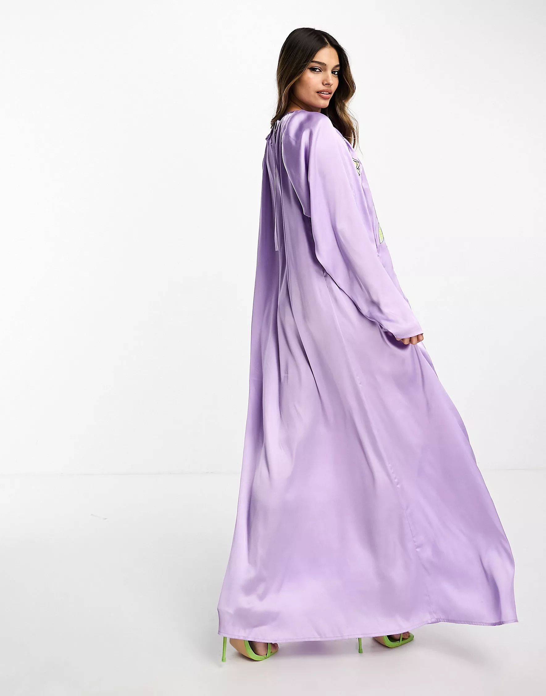 ASOS DESIGN embroidered satin volume sleeve midaxi dress in lilac | ASOS | ASOS (Global)