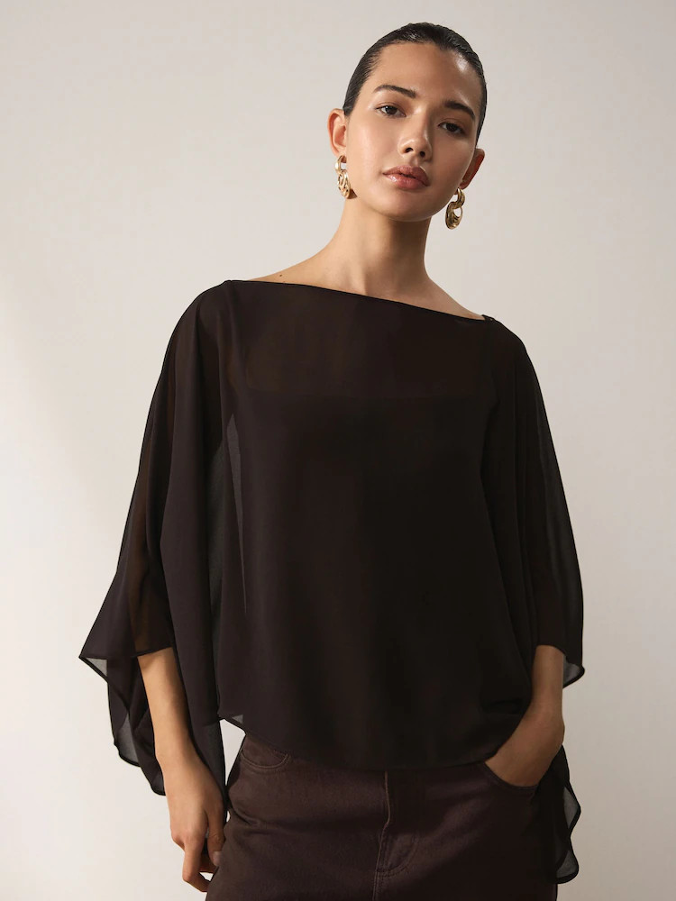 Chocolate Brown Sheer Layer Cape Sleeve Top with Cami | Next EU