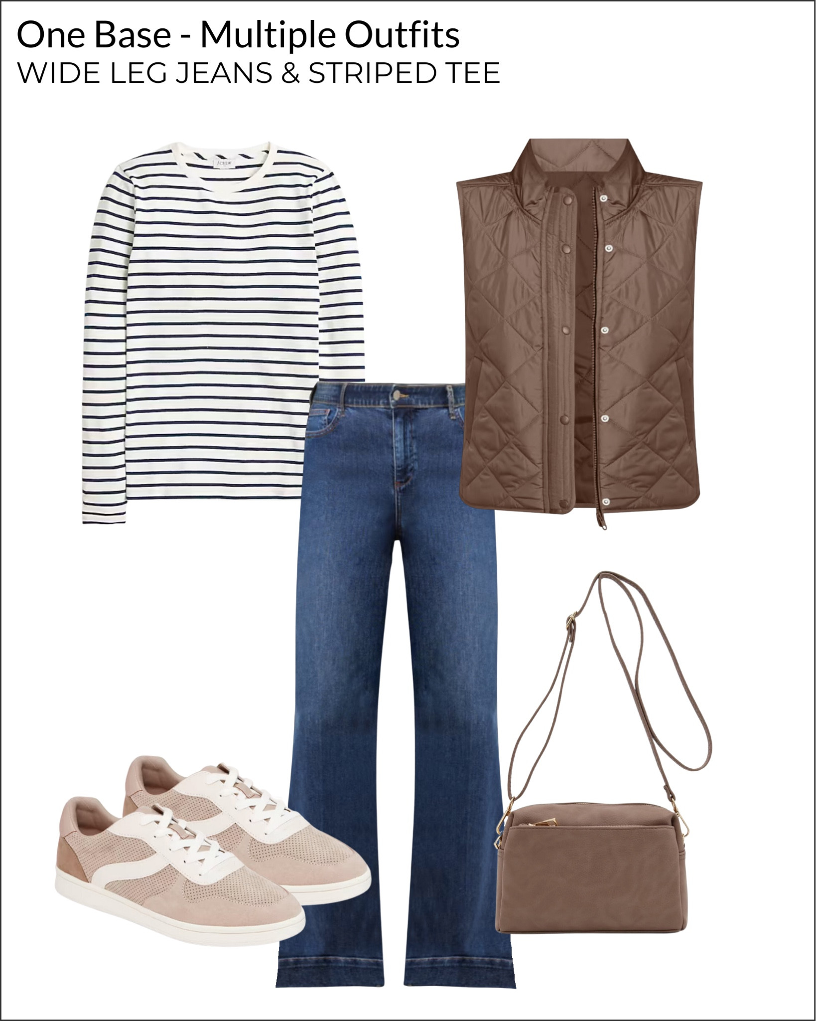 1 Base, 10 Outfits: How To Style Wide Leg Jeans And A Striped Tee In Multiple Budget-Buy Outfits

Quilted puffer vest, suede sneakers, crossbody bag