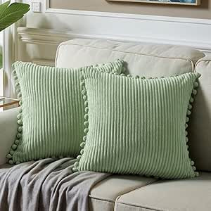 Fancy Homi Pack of 2 Sage Green Decorative Throw Pillow Covers with Pom-poms, Soft Corduroy Solid... | Amazon (US)