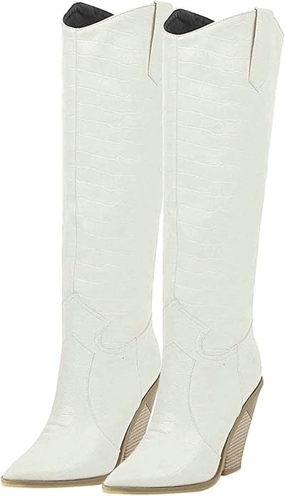 Bellirala Womens Stacked Chunky Heel Cowgirl Knee High Pointed Toe Cowboy Boots | Amazon (US)