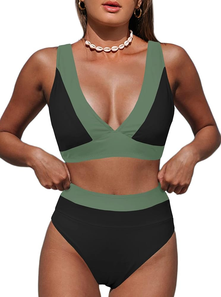 Women's Leopard Bikini Swimsuits V Neck High Waisted 2 Piece Bathing Suits | Amazon (US)