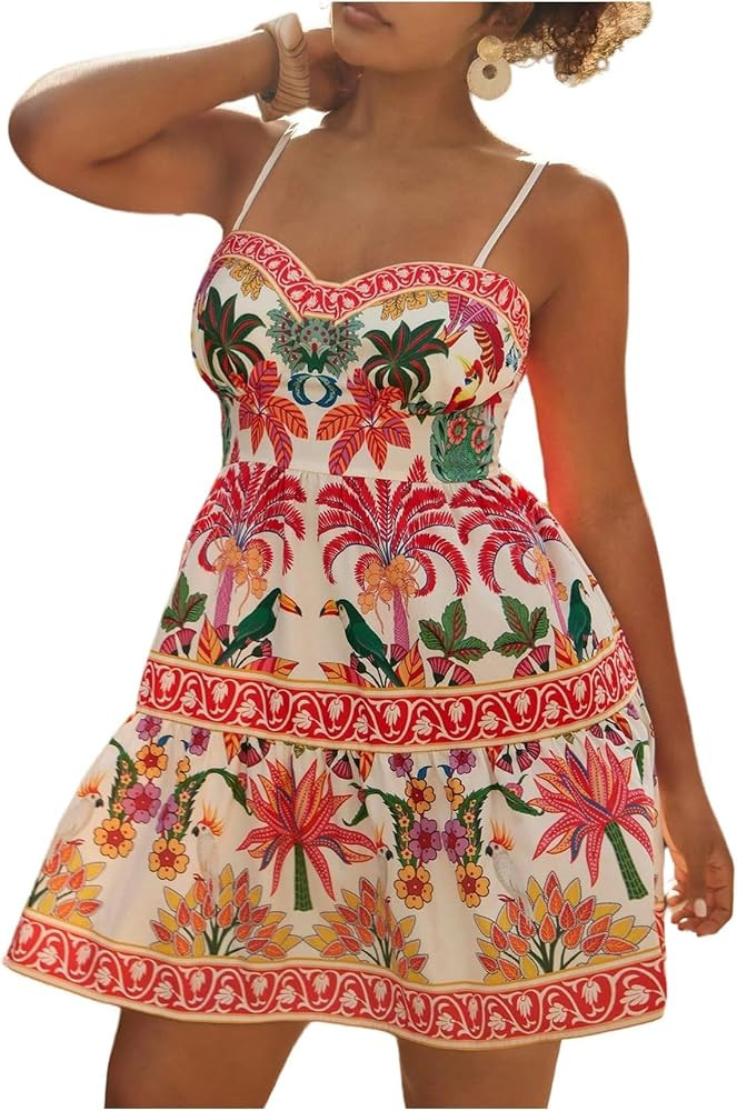 Floerns Women's Plus Size Tropical Boho Dress Spaghetti Strap Cami Smocked Vacation Dresses | Amazon (US)