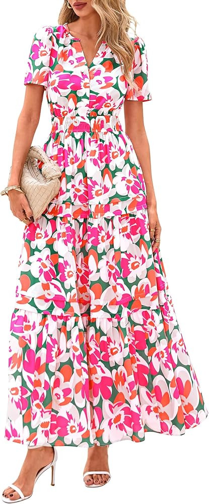 PRETTYGARDEN Women's 2026 Summer Boho Maxi Dresses Floral Short Sleeve V Neck A Line Tiered Flowy... | Amazon (US)