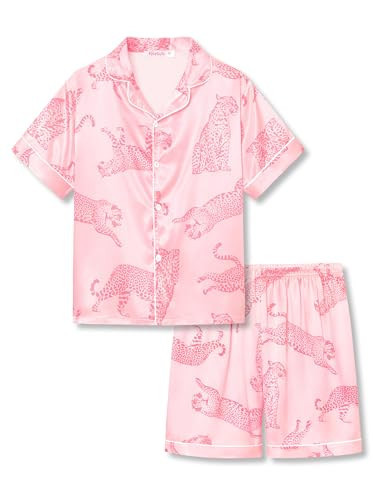 Topgal Trendy Girls Pink Leopard Animal Pattern Satin Pajamas Silky 2 Piece Sleepwear for Little & Big Kids Size 6/7 | Amazon (US)