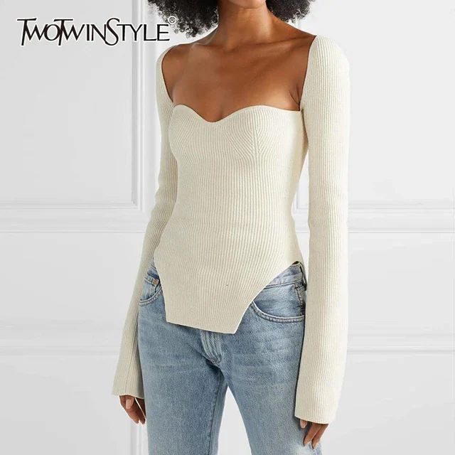 TWOTWINSTYLE White Side Split Knitted Women's Sweater Square Collar Long Sleeve Sweaters Female A... | AliExpress (US)