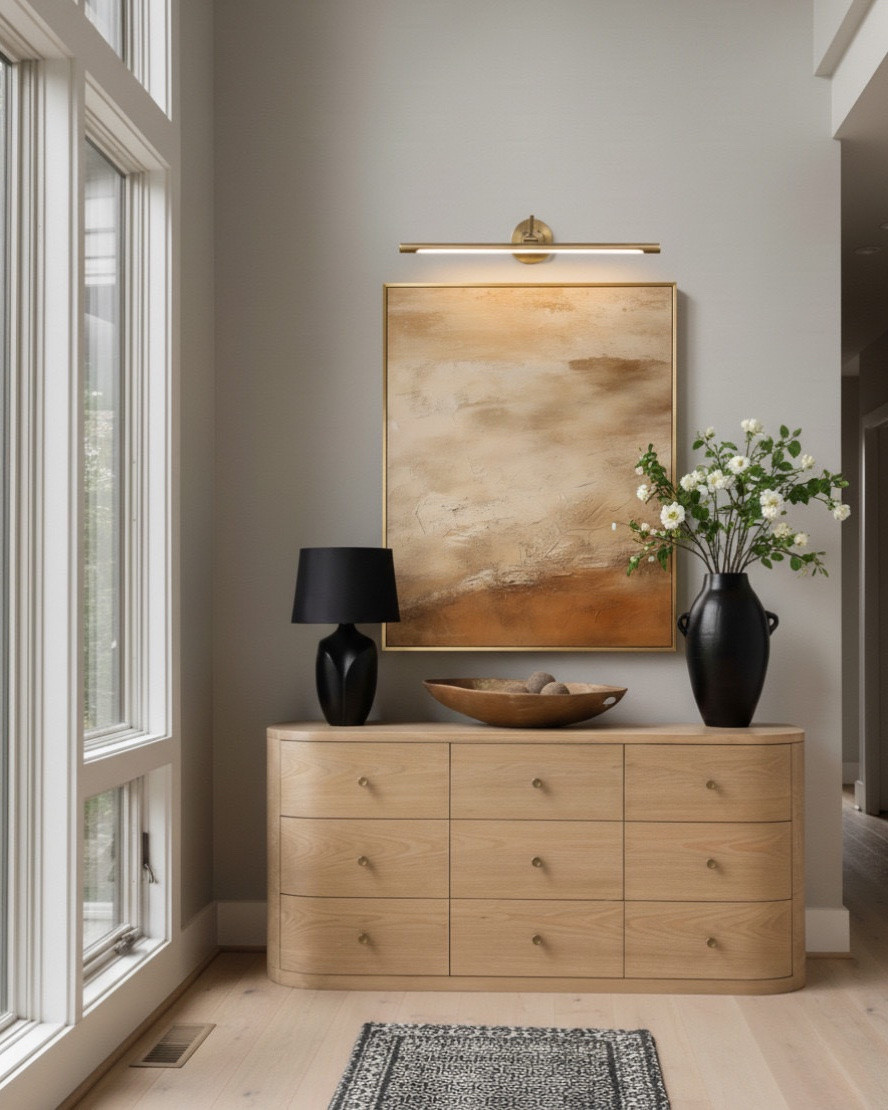 Light filled simplicity meets quiet luxury. This double height foyer embraces modern organic design with clean lines, natural wood tones, and art that sets the mood from the moment you walk in.

The curved wood console softens the architecture, paired with matte black table lamps and ceramic vases for sculptural contrast. A woven runner rug adds warmth underfoot and draws the eye toward the statement abstract wall art, finished with a brass picture light for that gallery inspired glow.

When styling entryways, I focus on balance, texture against sleek finishes, neutral tones layered with subtle contrast. Every detail should feel intentional and calm.

#LTKsale #LTKhome #LTKstyletip
