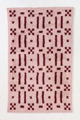 Pink Grid Handwoven Cotton Wool Blend Shag Geometric Rug | Anthropologie (US)