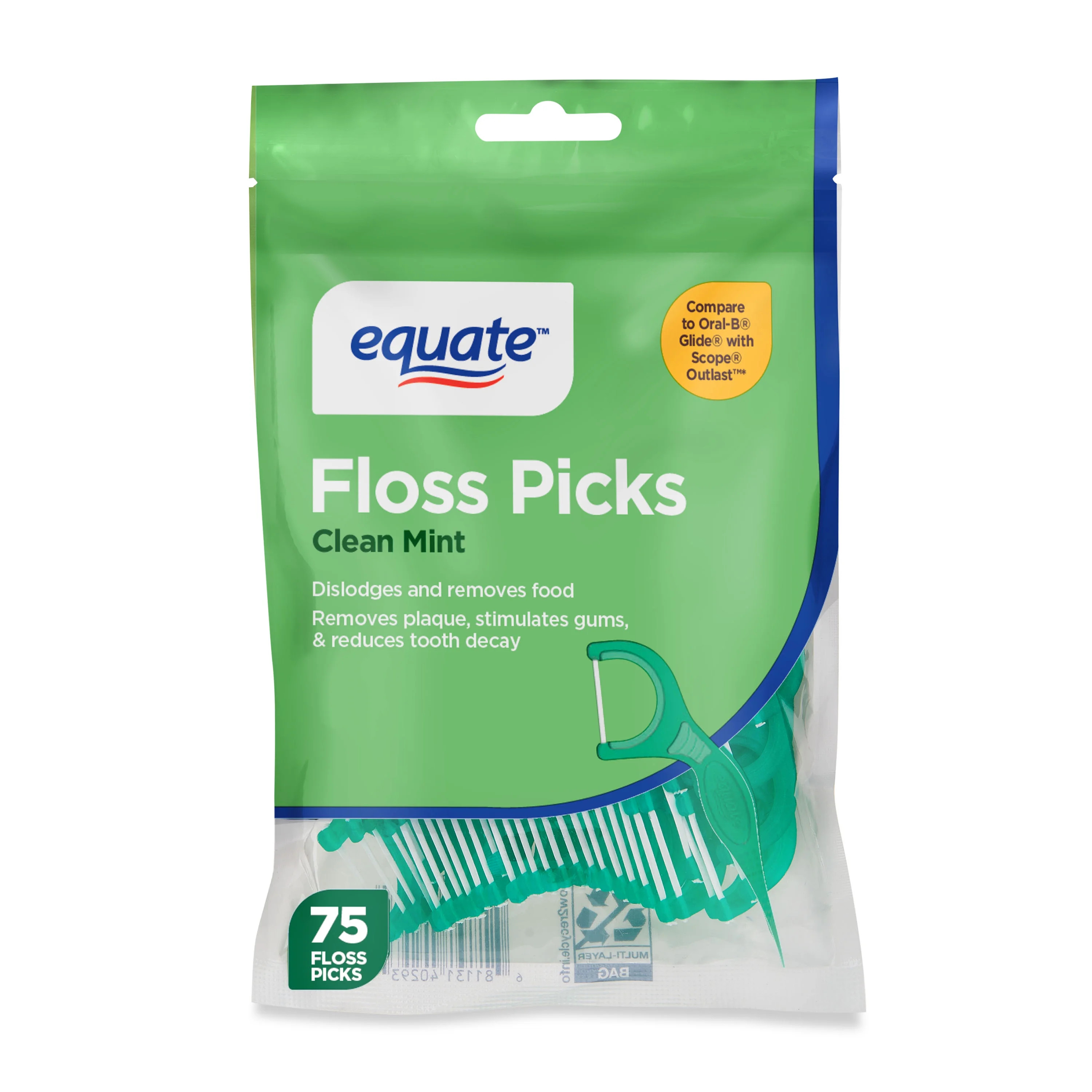 Equate Floss Picks, Clean Mint Flavor (75 Count), Compare to Oral-B® Glide + Scope® Outlast® | Walmart (US)