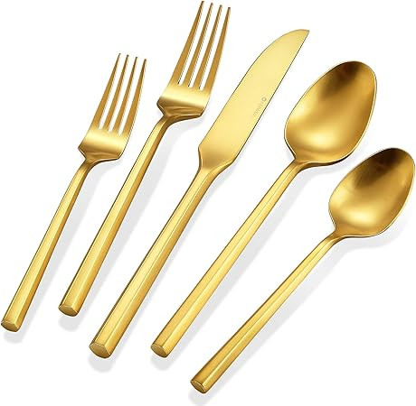 KEAWELL 20-Piece Hexagon Flatware set, 18/0 Stainless Steel, Gold Matte Finish, Service for 4, Sl... | Amazon (US)