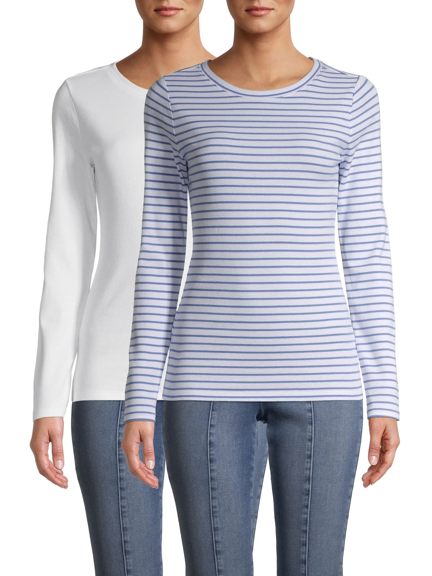 Time and Tru Women's Pullover Slim T-Shirt with Long Sleeves, 2 Pack | Walmart (US)