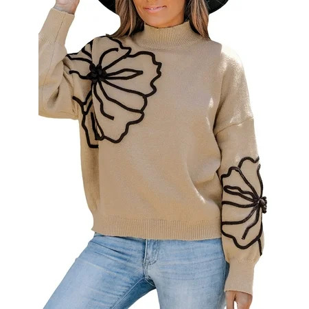 CUPSHE Women s Floral Embroidery Turtleneck Long Sleeve Sweater Sizes S-XL | Walmart (US)
