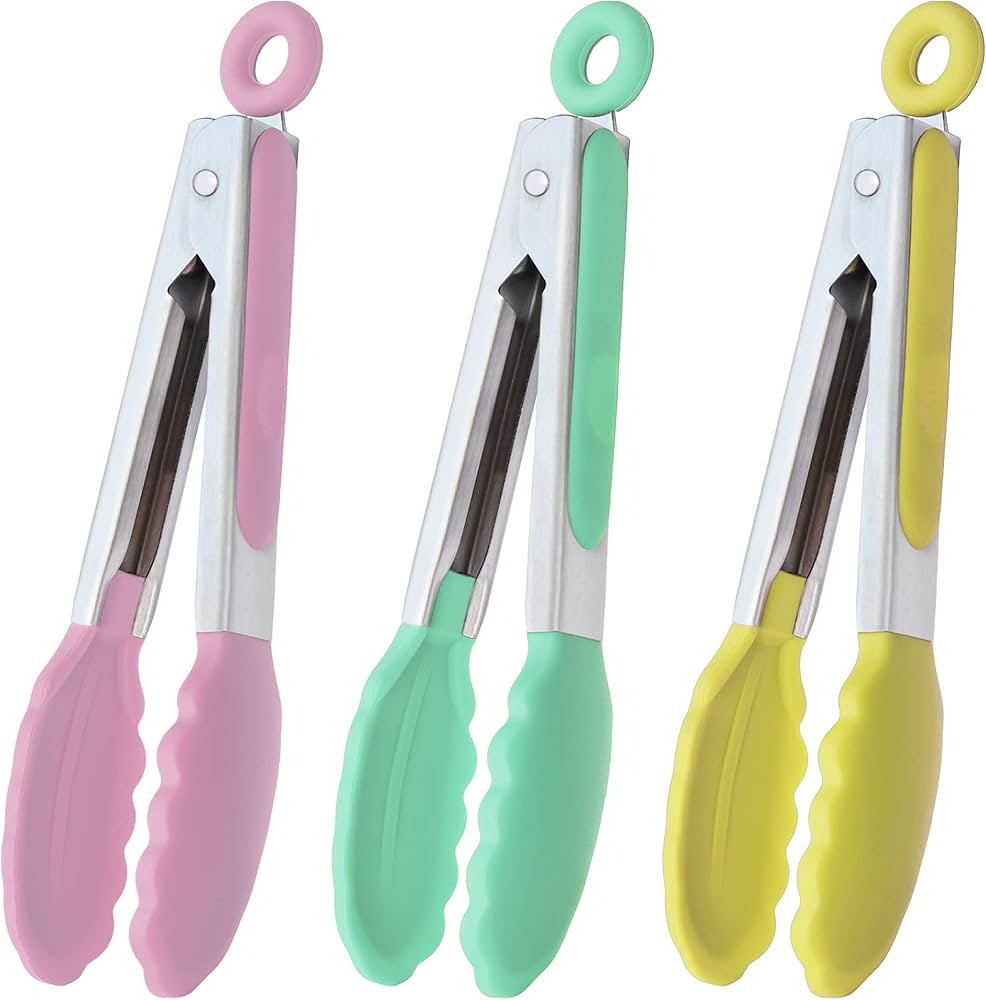 HINMAY Small Tongs with Silicone Tips 7-Inch Serving Tongs, Set of 3 (Pink Mint Yellow) | Amazon (US)