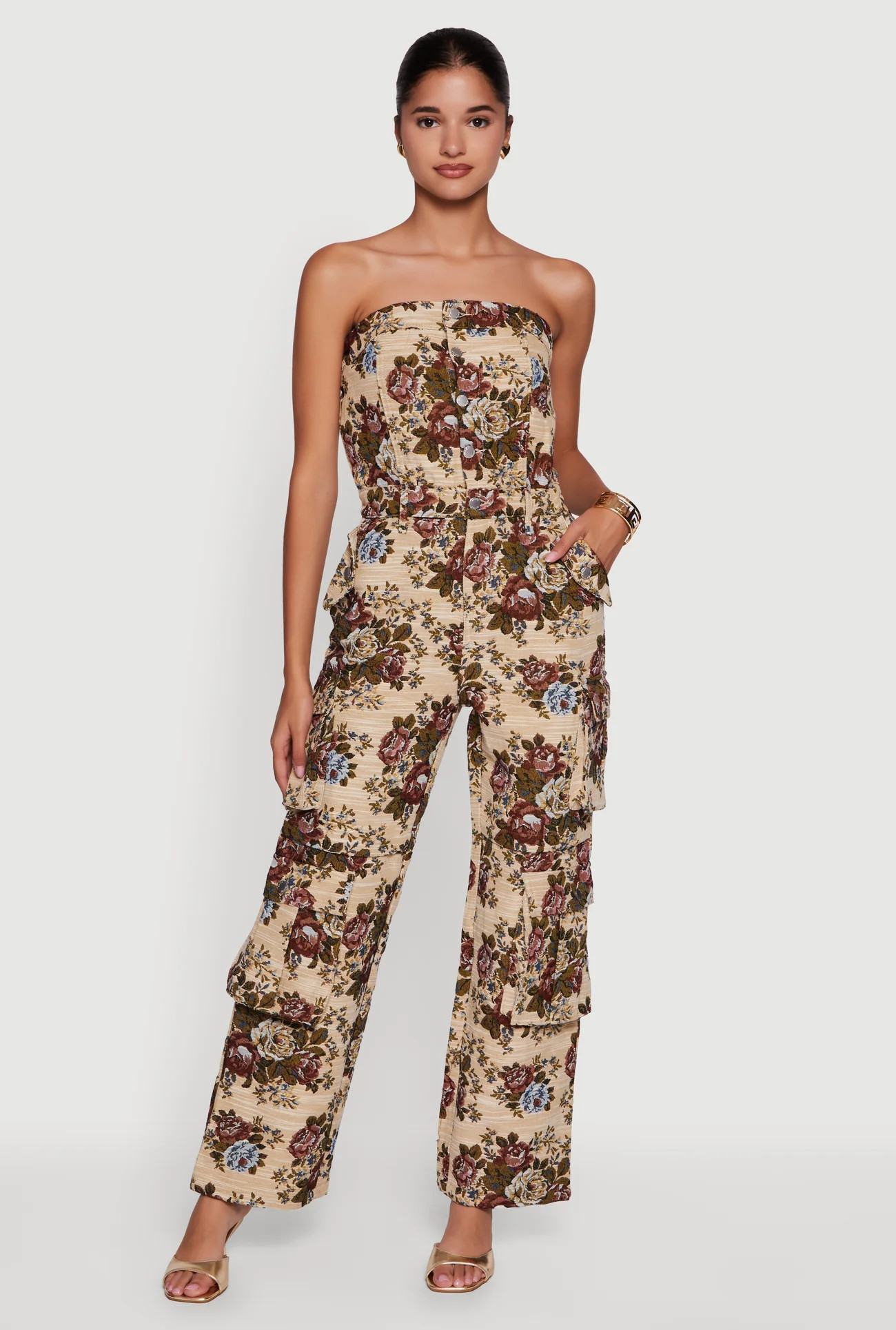 Floral Jacquard Strapless Utility Jumpsuit | Rainbow Shops