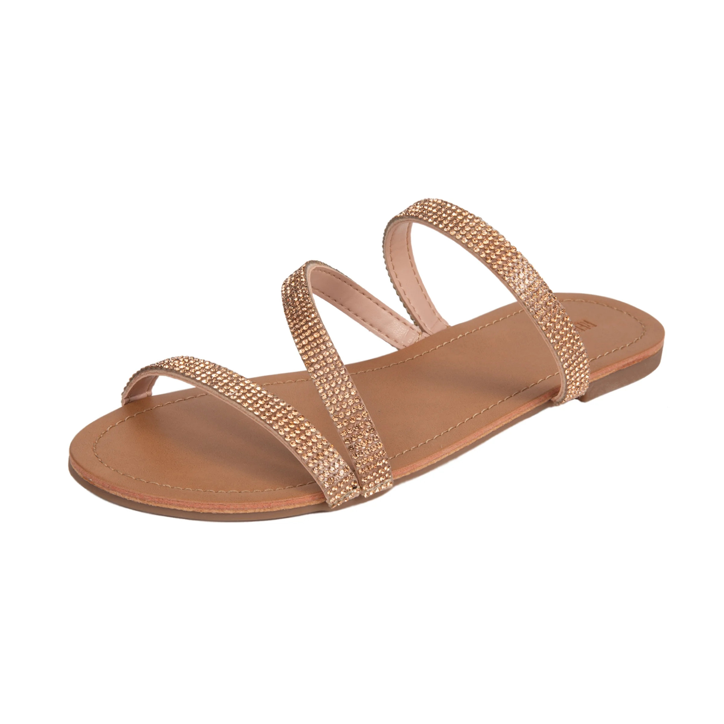 REDTOP Women's Slip on Flat Sandals, Casual Bling Rhinestone Strap Band Sandals, Open Toe Slide S... | Walmart (US)