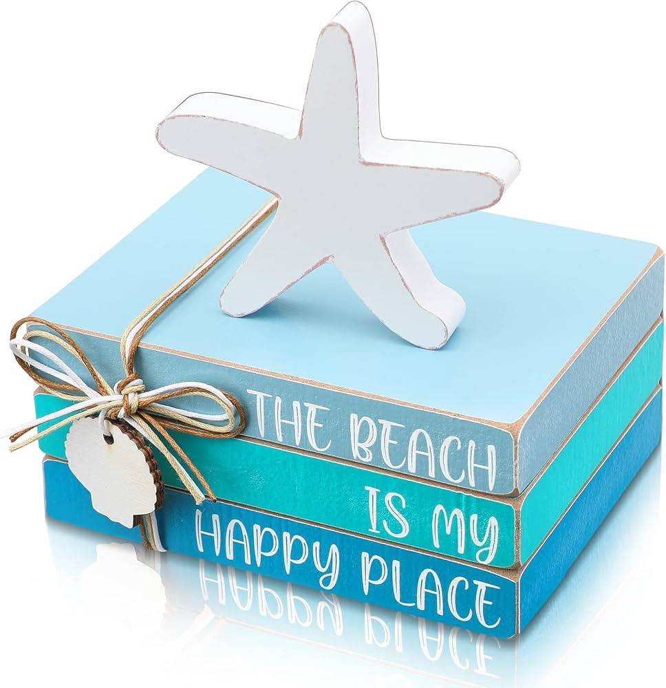 Pinkunn 4 Pcs Starfish Shell Beach Tiered Tray Summer Decor Beach Blue Wooden Book Decor Wood Sta... | Amazon (US)