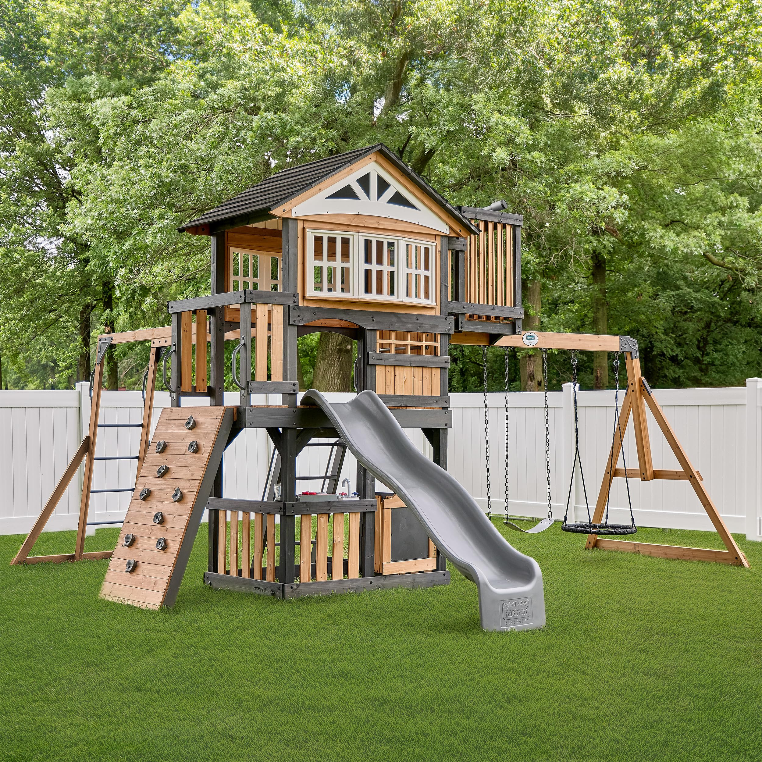 Backyard Discovery Rosewood Falls Cedar Wood Swing Set with Monkey Bars, Clubhouse, Crow's Nest, ... | Amazon (US)