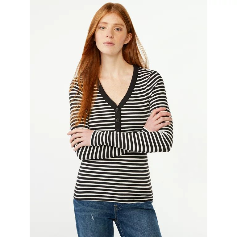Free Assembly Women's Ribbed Henley Tee with Long Sleeves | Walmart (US)