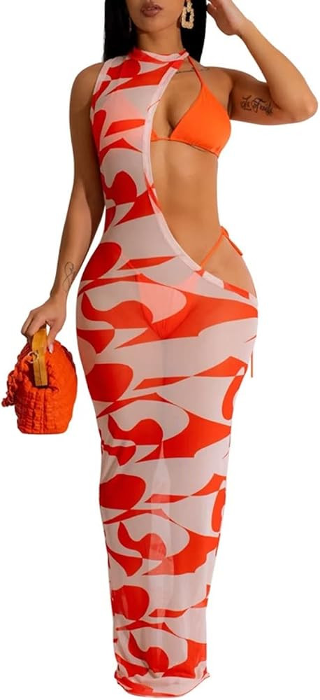 Ryehack Sexy 3 Piece Swimsuits for Women Bikini Sets and Cover Up Cutout Sleeveless Halter Sheer ... | Amazon (US)