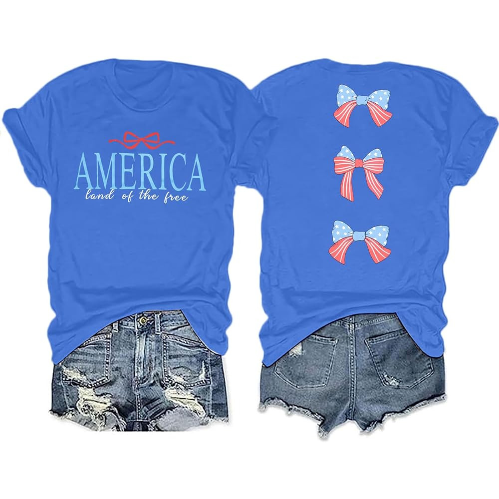 MNLYBABY America Shirts for Women Cute Patriotic Bow Shirt 4th of July Tshirt America Flag Bow Te... | Amazon (US)