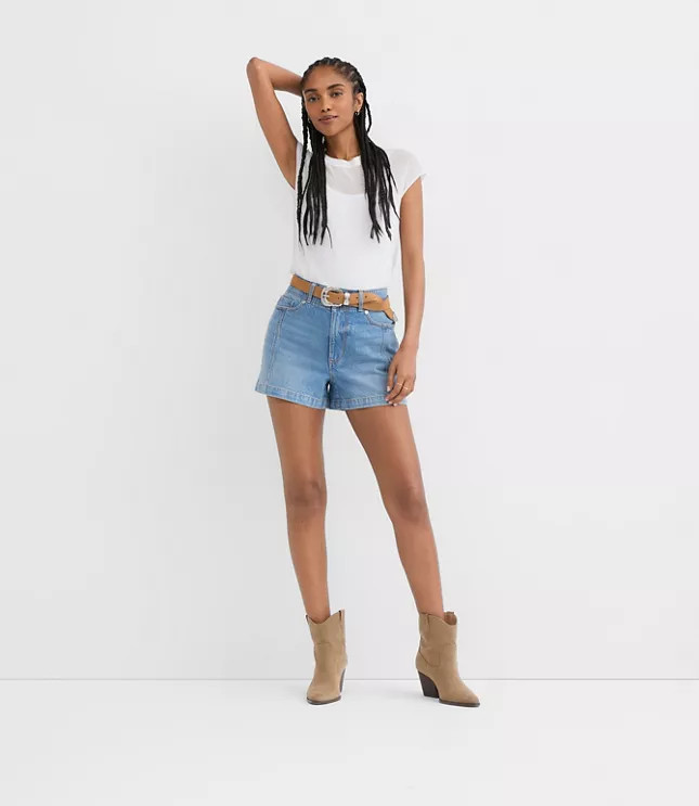Rivete Petite Seamed High Rise Denim Shorts in Mid Wash | LOFT